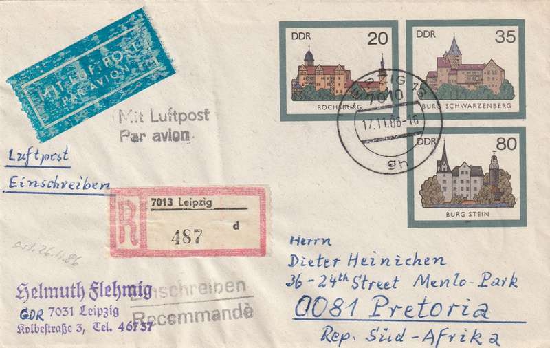 Germany DDR Registered Postal Stationery Cover South Africa - 1985 - Castles