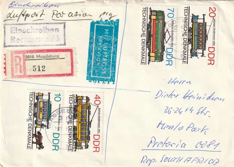 Germany DDR Registered Cover South Africa - 1985 1986 - Fairy Tales Grimm Brothers Historical Tram
