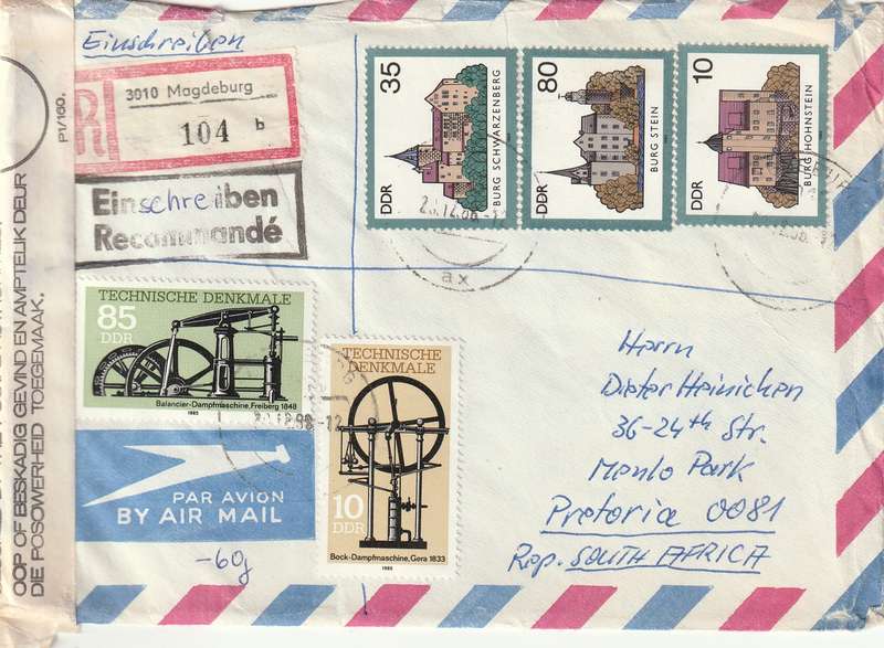 Germany DDR Registered Cover South Africa Officially Closed - 1985 - Steam Engines Castles and Pala