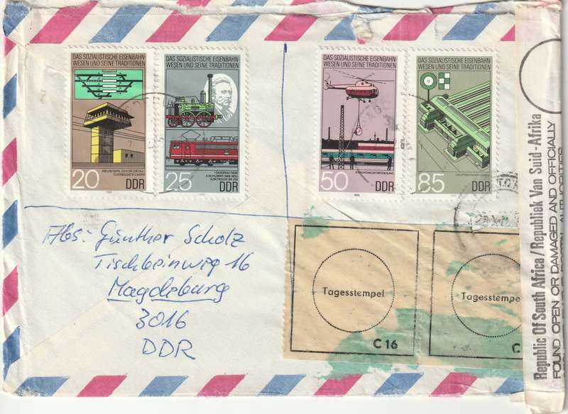 Germany DDR Registered Cover South Africa Officially Closed - 1985 - Steam Engines Castles and Pala