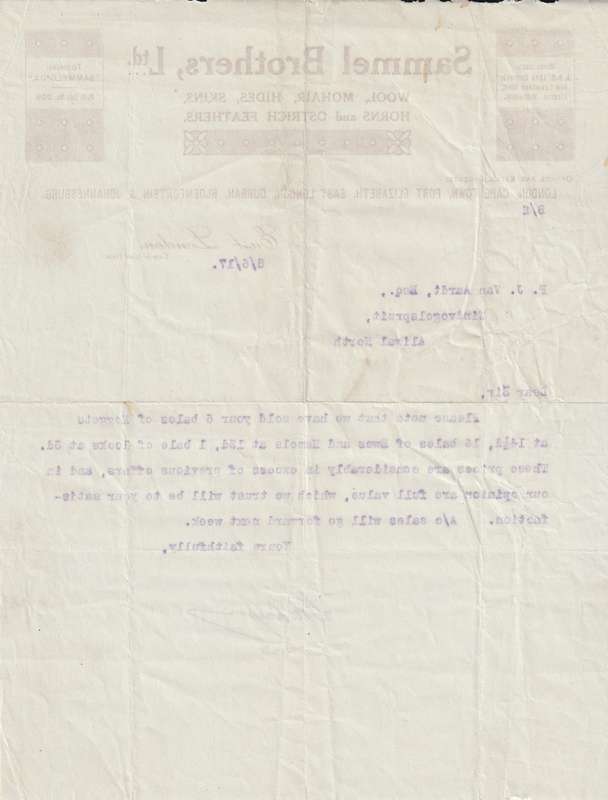 South Africa Union - 1914 1917 - Telegrams pertaining to Wool Mohair sales from Merchants