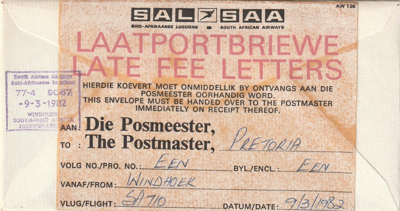 South African Airways WINDHOEK Late fee Letters - R1 Start (Air Mail Flight Covers)