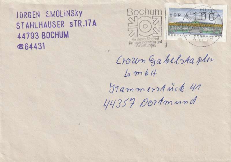 Germany Federal Cover - 1987 - Machine Label ATM Frama Bochum Slogan