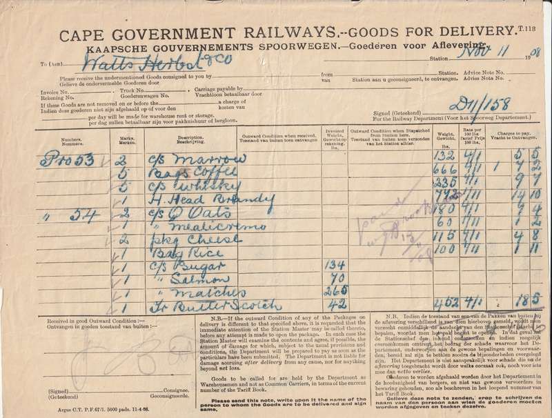 Cape Government Railways 1890-1909 -5- items Goods and Delivery forms and invoice