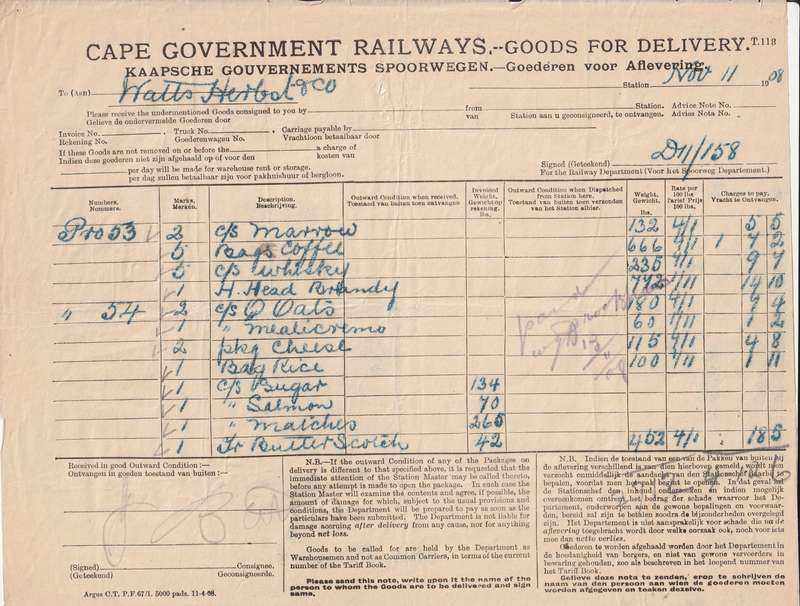 Cape Government Railways 1890-1909 -5- items Goods and Delivery forms and invoice