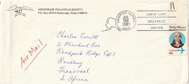 United States USA Cover - 1980 - Philip Mazzei Airmail Anchorage Alaska Great Land Philatelic Cente