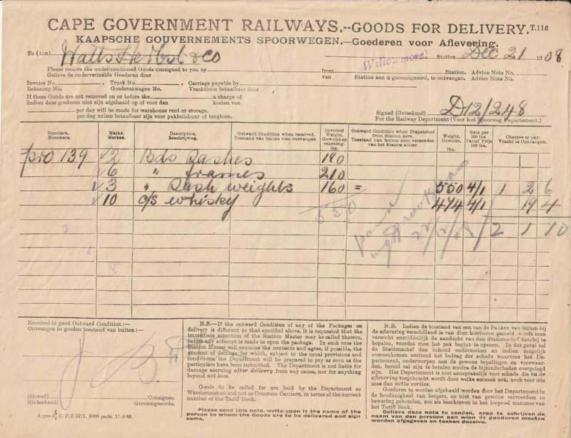 Cape Government Railways 1890-1909 -5- items Goods and Delivery forms and invoice