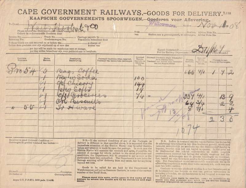 Cape Government Railways 1890-1909 -5- items Goods and Delivery forms and invoice