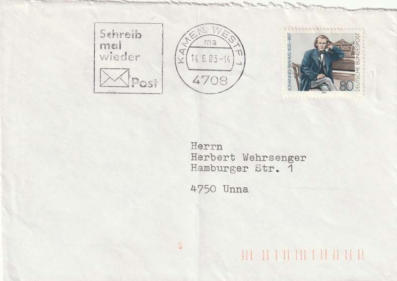 Germany Federal Cover - 1983 - Brahms Slogan Schreib mal wieder post Kamen Westf