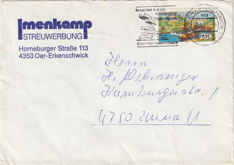 Germany Federal Cover - 1984 - Schleswig-Holstein Canal Slogan Stadt Oer Erkenschwick