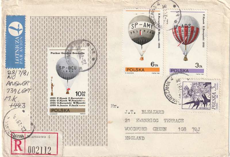 Poland Cover Registered - 1981 - Balloons Souvenir sheet Imperf