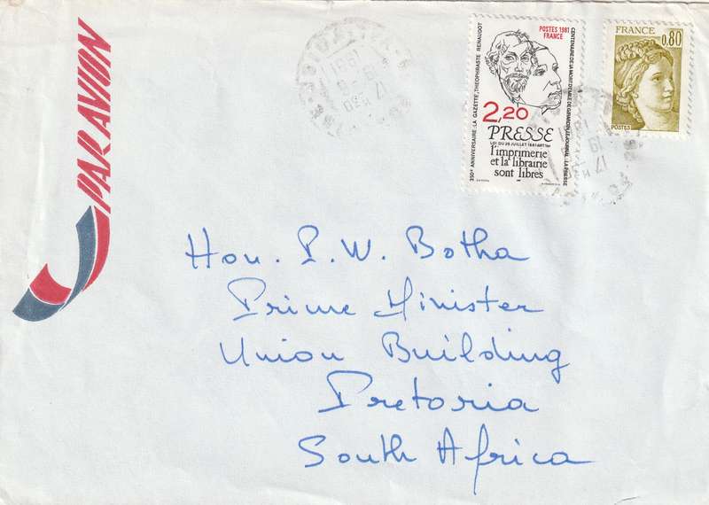 France Cover South Africa - 1981 - La Gazette Sabine after David addressed to PW Botha Prime Minist