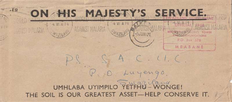 Swaziland Cover - 1974 - On His Majestys Service Official World United against Malaria