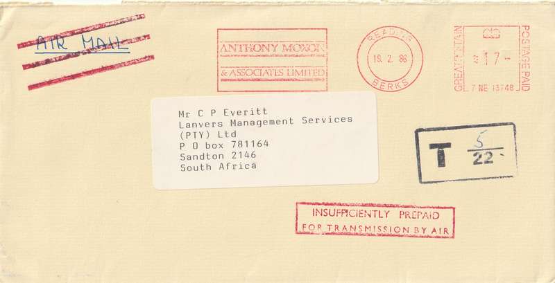 Great Britain Cover - 1986 - Slogan Insufficiently Prepaid for Transmission by Air