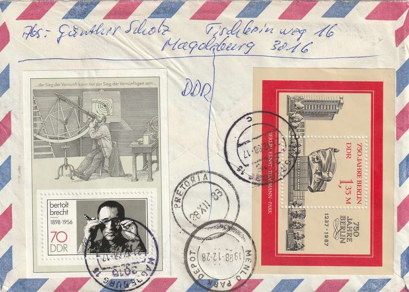 Germany DDR Cover Einschreiben Registered -  1987 1988 - Winter Olympic Games Bertolt Brecht Berlin