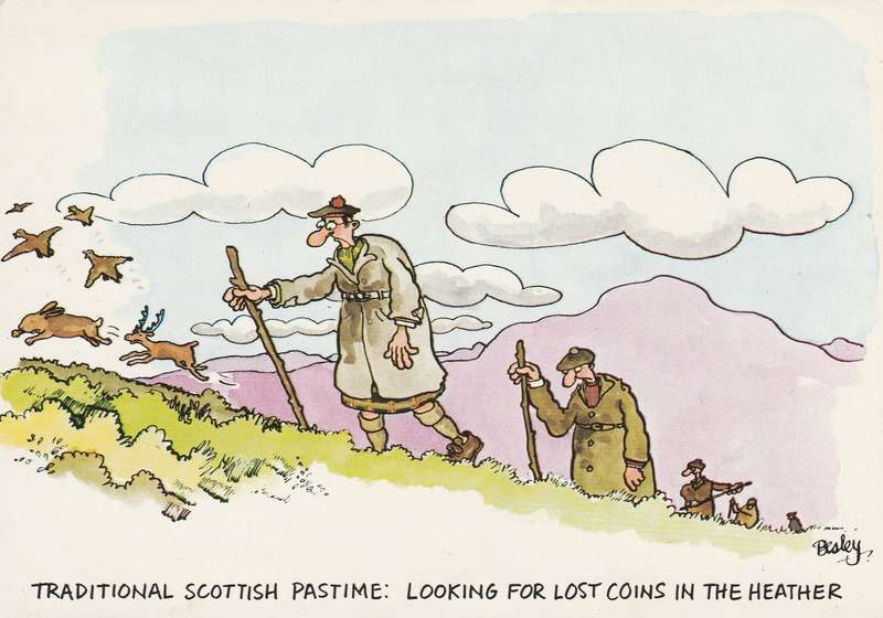 Post Card Scotland - Cartoon Humour Traditional Scottish Pastime Looking for lost coins in the Heat