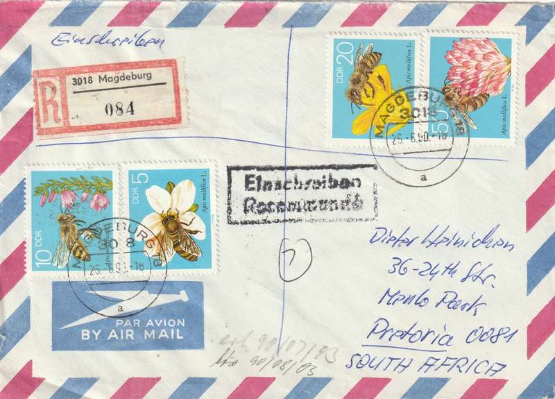 Germany DDR Cover Einschreiben Registered -  1990 - Bees Bee Postal agency insignia COA Coat of Arm