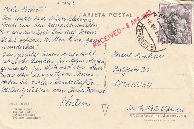 Post Card Spain 1963 - Tenerife Typical Landscape Mountain with snow Valman