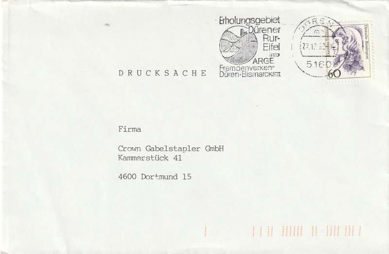 Germany on Cover - 1986 - Famous Women Postmark Erholungsgebiet Durener Rur-Eifel into Arge Fremden