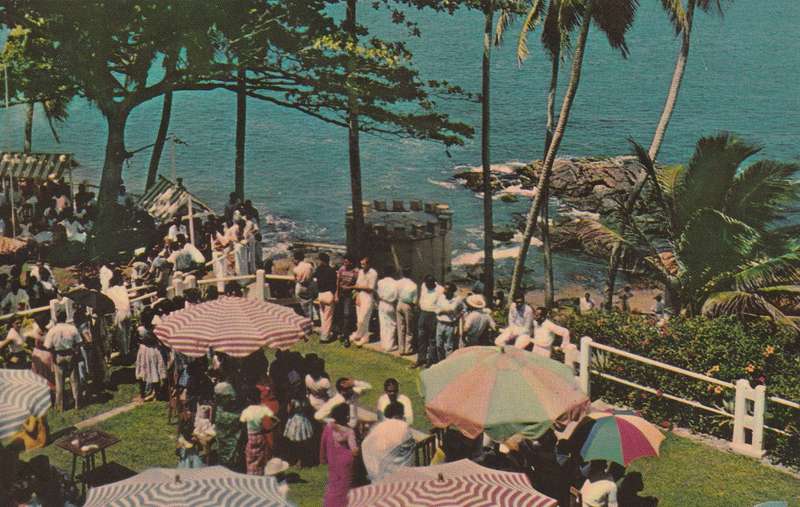 Post Card Ceylon Sri Lanka - View from Terrace of Mount Lavinia Hotel Umbrellas Trees Sea