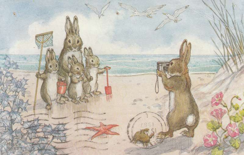 Great Britain Bognor Regis Post Card Machins Rabbits Bunnies Seaside beach Vacation Crab Starfish F