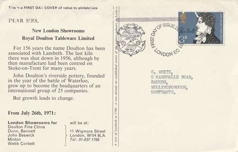Great Britain - 1971 - FDC Literary Anniversaries Keats Royal Doultan Lambeth 1740 Pottery Industry