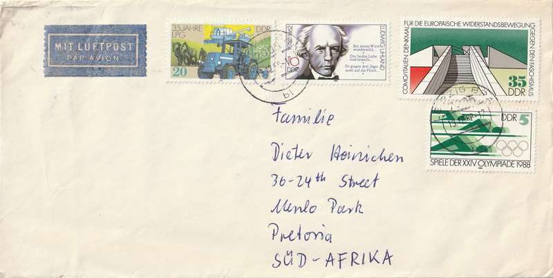 Germany DDR on Cover - 1988 - Olympics Swimming Fascism Resistance Memorial LPG Uhland