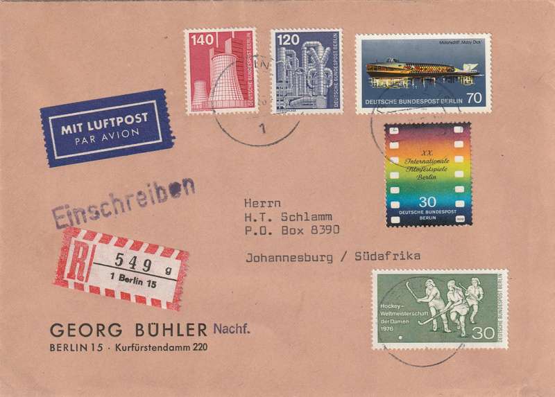 Germany Federal Berlin Cover Registered Einschreiben - 1970 1975 1976 - Moby Dick Film Festival Hoc