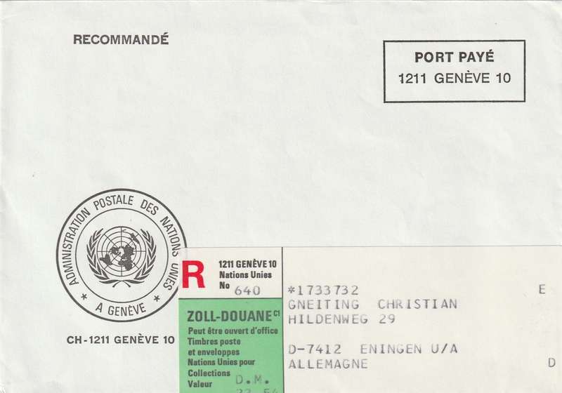 United Nations Cover Registered Geneva Geneve - 1990's - Zoll Douane Port Paye