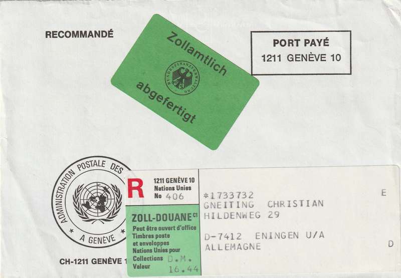 United Nations Cover Registered Geneva Geneve - 1990s - Zoll Douane Port Paye Zollamtlich abgeferti