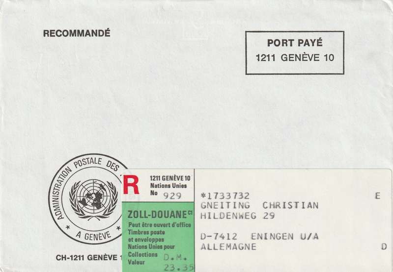 United Nations Cover Registered Geneva Geneve - 1990's - Zoll Douane Port Paye
