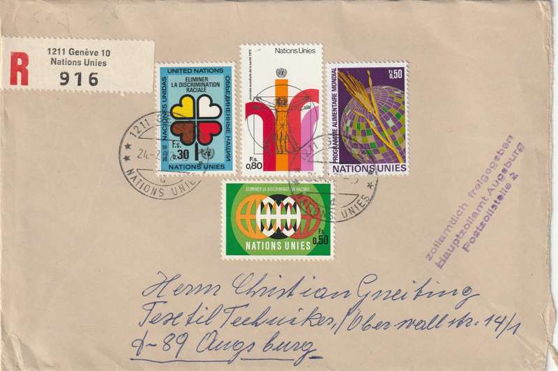 United Nations Cover Registered Geneva Geneve - 1970 - Racism Grain Racial discrimination Zoll Doua