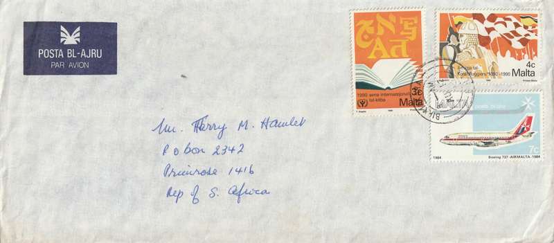 Malta Cover - 1984 1990 - AirMalta Boeing 737 Aviation UNESCO World Literacy Year Count Roger the N