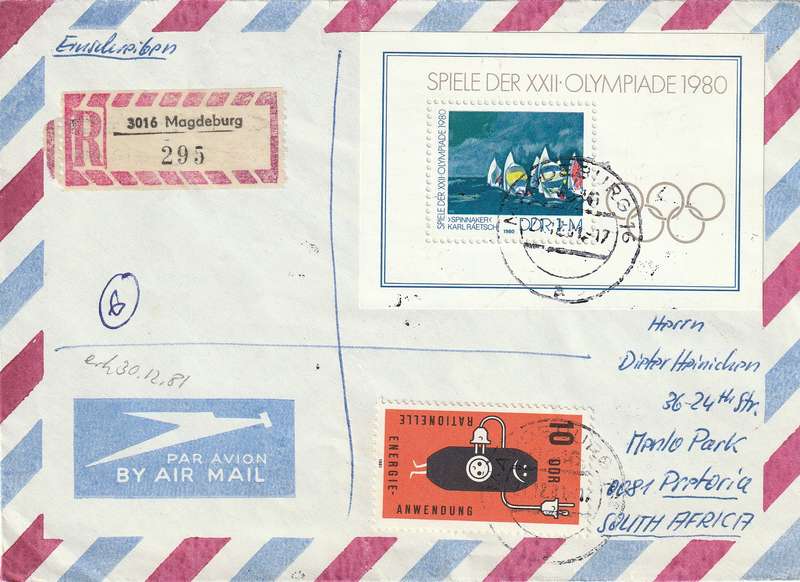 Germany DDR Cover Registered Einschreiben - 1980 1981 - Energy Conservation Olympic Games Spinnaker