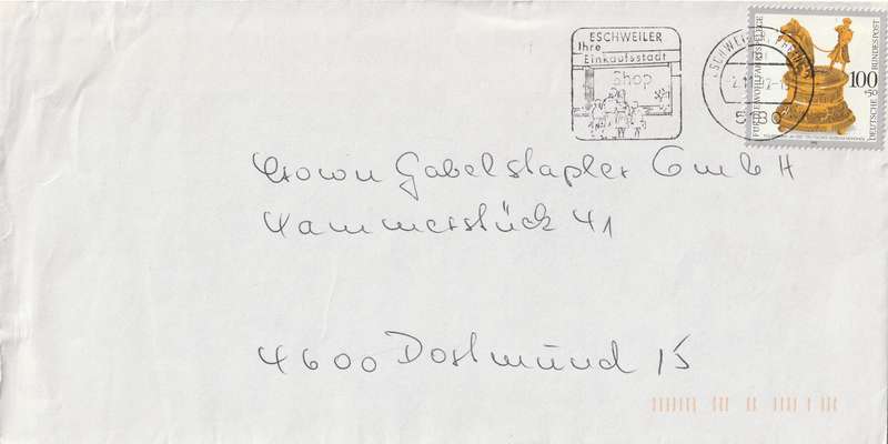 Germany Cover - 1992 - Antique Clocks Figurine 1580 Slogan Eschweiler Einkaufsstadt