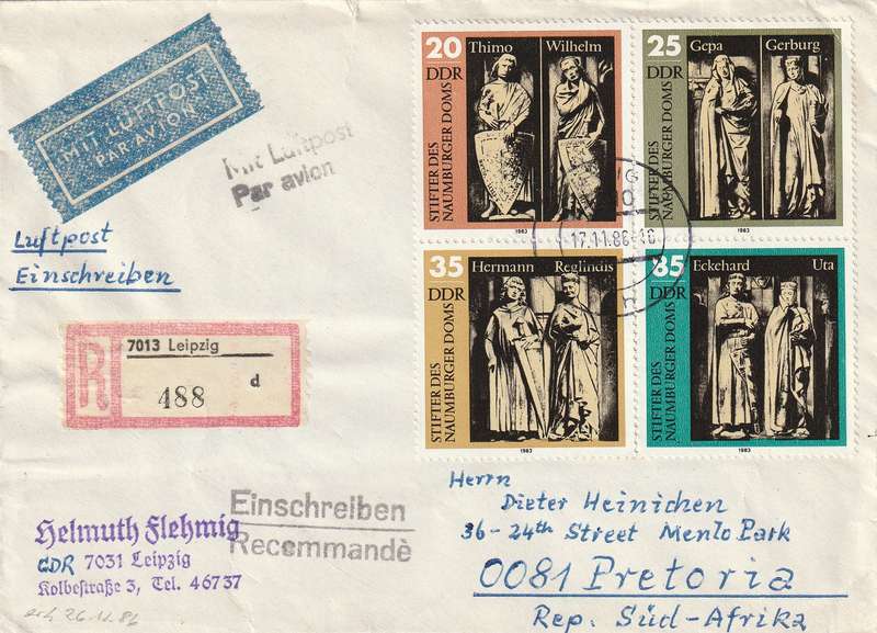Germany DDR Cover Registered Einschreiben - 1983 - Naumberg Cathedral Statues