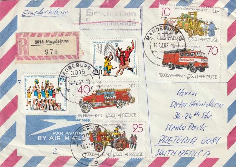Germany DDR Cover Registered Einschreiben - 1987 1983 - Fire Brigade Engines Spartikiade Gymnastic