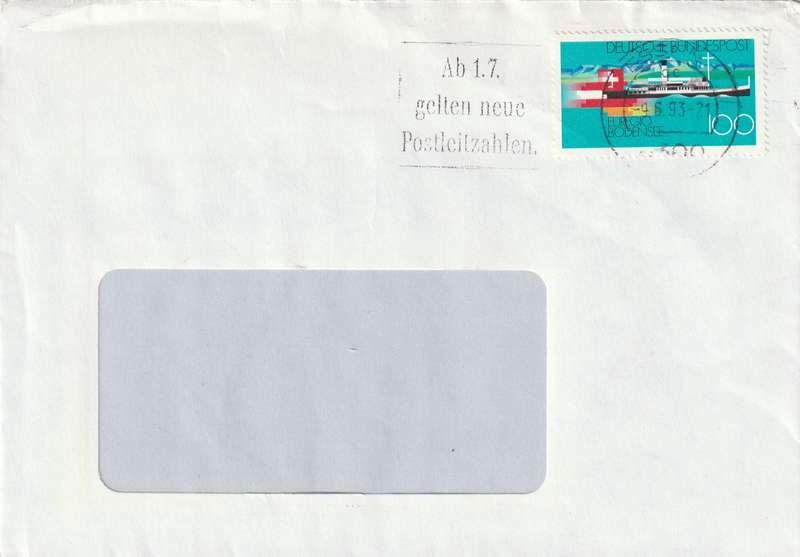 Germany Cover - 1993 - Lake Constance Steamer Hohentwiel Joint Issue Slogan gelten neue Postleitzah