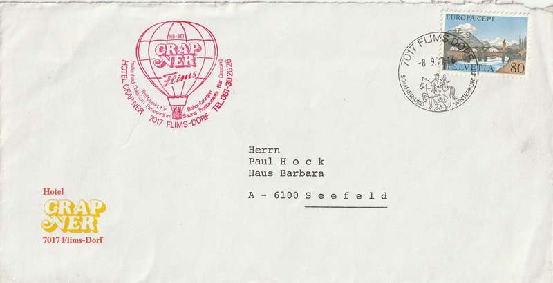 Switzerland Cover - 1977 - Hotel Crap Ner Flims-Dorf Europa CEPT Sils-Baselgia on Inn River