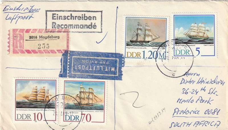 Germany DDR Cover - 1988 - Einschreiben Registered Paintings of Ships Mariners Society Thomas Muntz