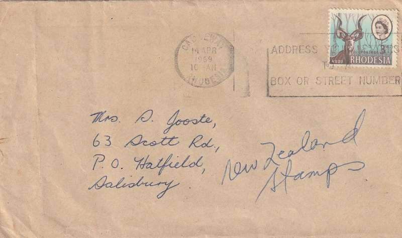 Rhodesia Cover - 1966 1969 - Kudu Game Definitive QEII Causeway Slogan Box or Street Number