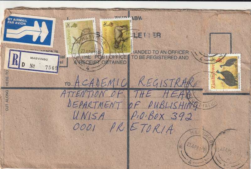 Zimbabwe Cover Registered - 1990 - Rhino Rhinoceros Hare Rabbit Guineafowl Birds Masvingo Definitiv