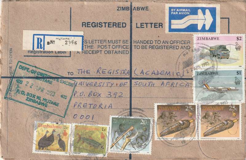 Zimbabwe Cover Registered - 1990 - Transport Aviation Tiger Fish Guineafowl Birds Hand Axe Snuff Bo
