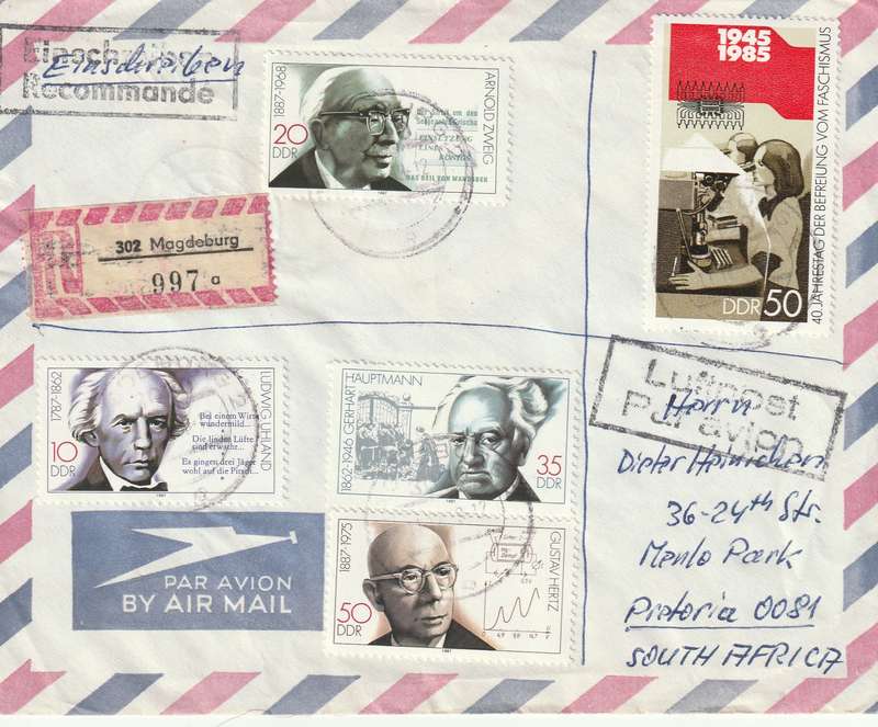 Germany DDR Cover Registered Einschreiben - 1985 - Liberation from Fascism Famous Men Hauptmann Zwe
