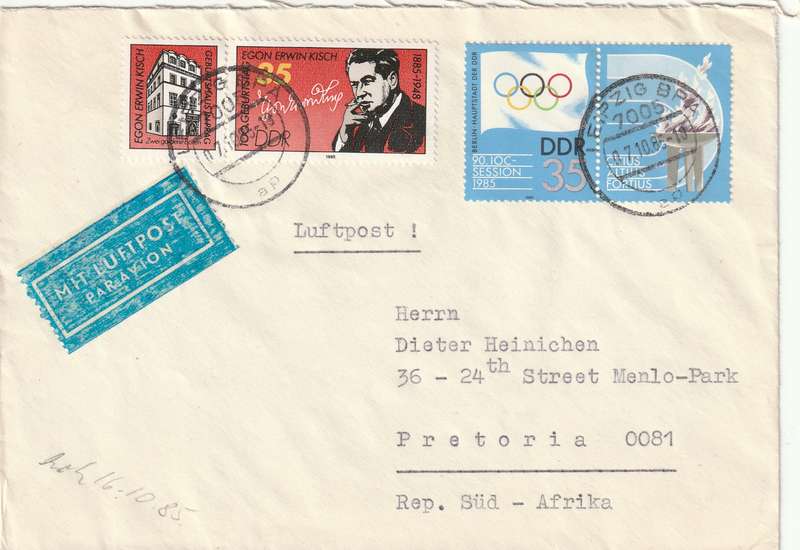 Germany DDR Cover - 1985 - Egon Erwin Kisch Journalist Smoking Olympic Committee