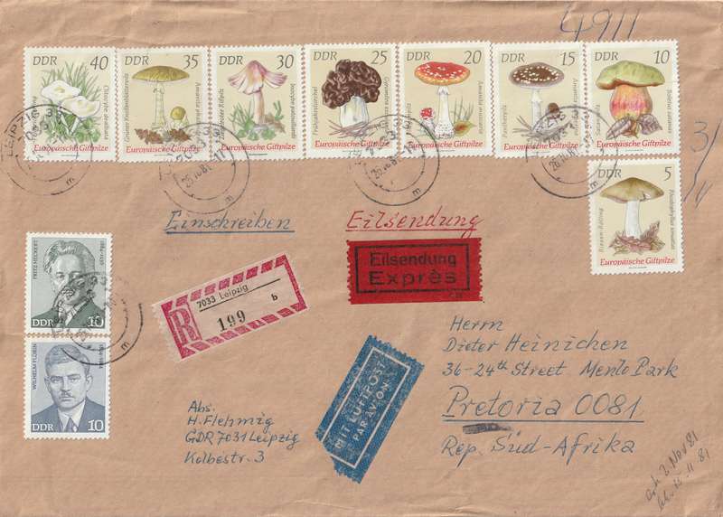Germany DDR Cover Registered Einschreiben - 1974 - Mushrooms Leaders of German labor movement