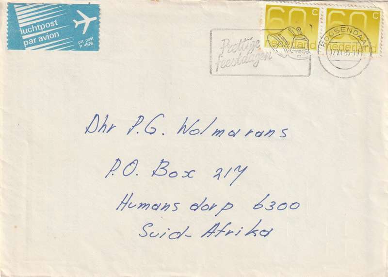 Netherlands Cover - 1976 (1985) - Numerals 60c lemon Slogan prettige feestdagen Roosendaal
