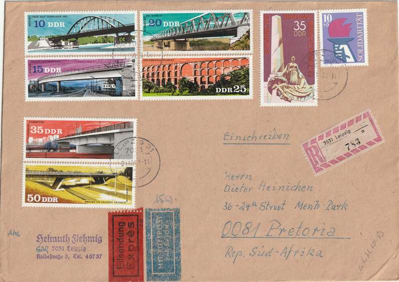 Germany DDR Cover Registered Einschreiben - 1976 1977 - Solidarity Committee Bridges Soviet soldier