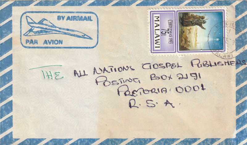 Malawi Cover - 1993 - Christmas Shepherds Concorde Airmail