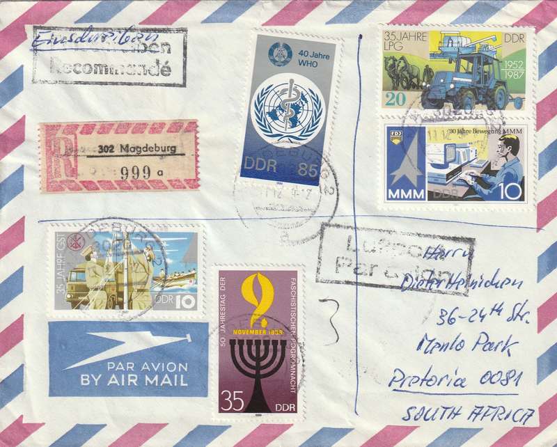 Germany DDR Cover Einschreiben Registered - 1987 1988 - Seals MMM Science Fair WHO Nazi Pogrom Kris